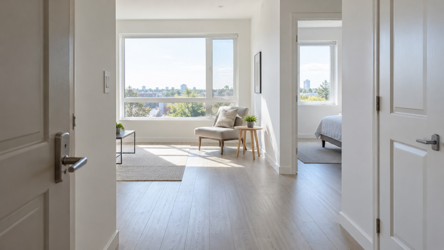 Bright compact apartment entry with clean pale flooring and clear windows
