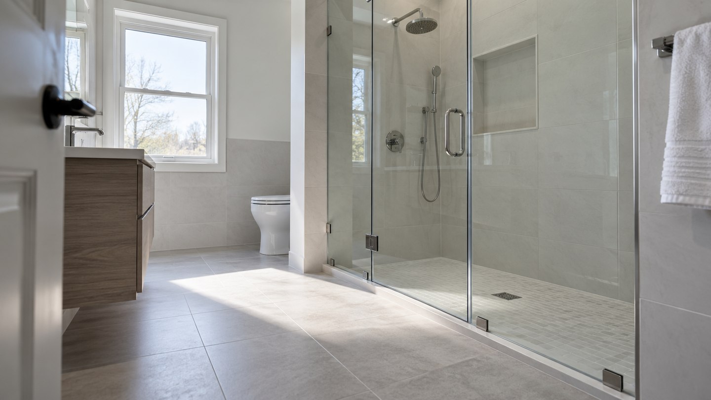 Clear shower glass, chrome fixtures and clean pale tile in a daylight-filled bathroom
