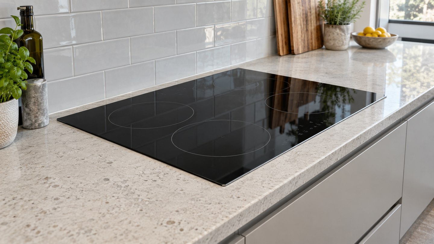 Clean black induction cooktop and pale stone kitchen worktop with natural window reflections