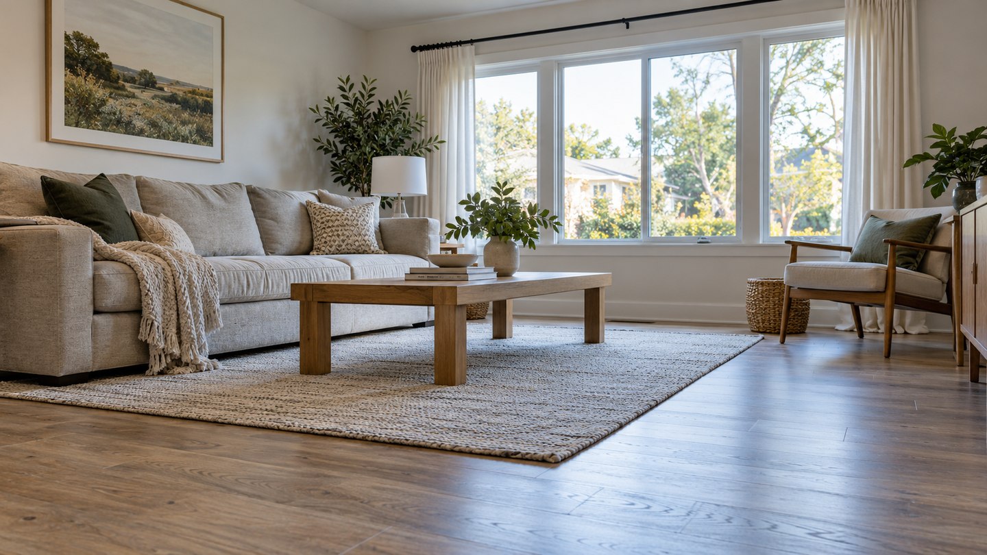 Clean living room floor, woven rug and uncluttered coffee table beside a large window