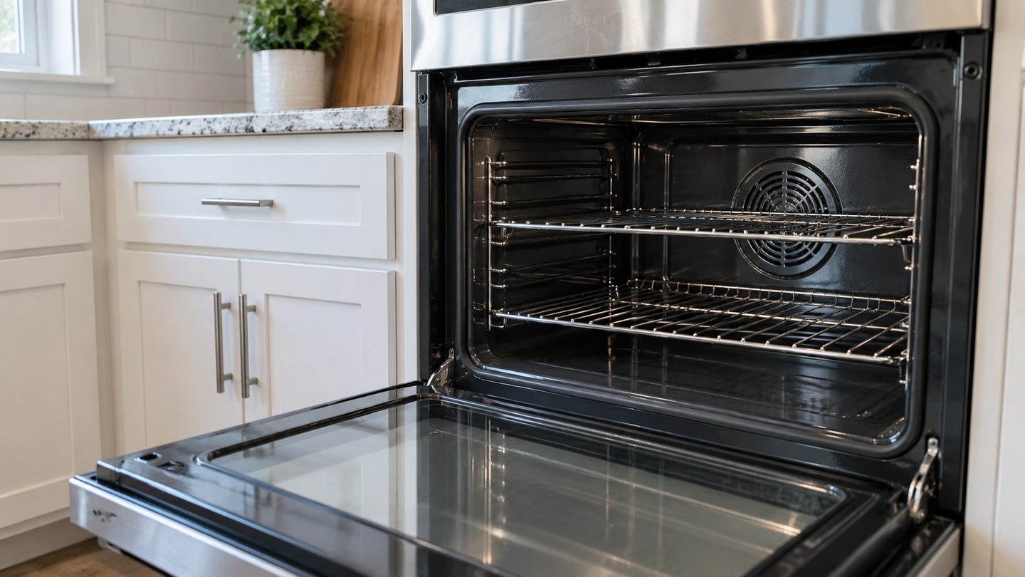 Open clean oven with aligned metal racks and adjacent white kitchen cabinetry