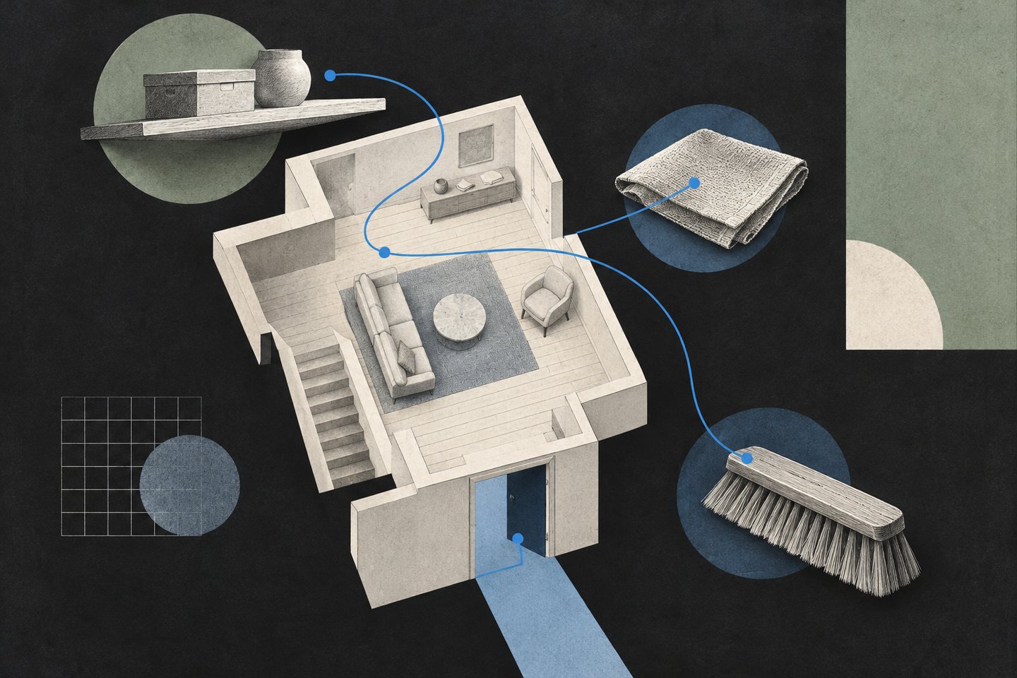 A blue route connects a shelf, folded cloth, paper floor plan and brush on a charcoal background, illustrating a top-to-bottom cleaning order