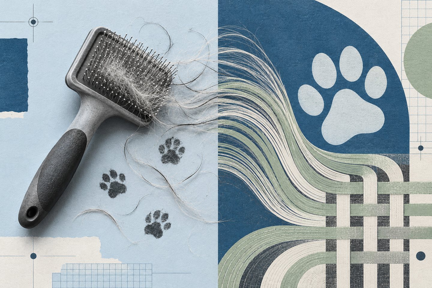 A pet grooming brush and paw prints transition into orderly woven lines on contrasting blue paper panels