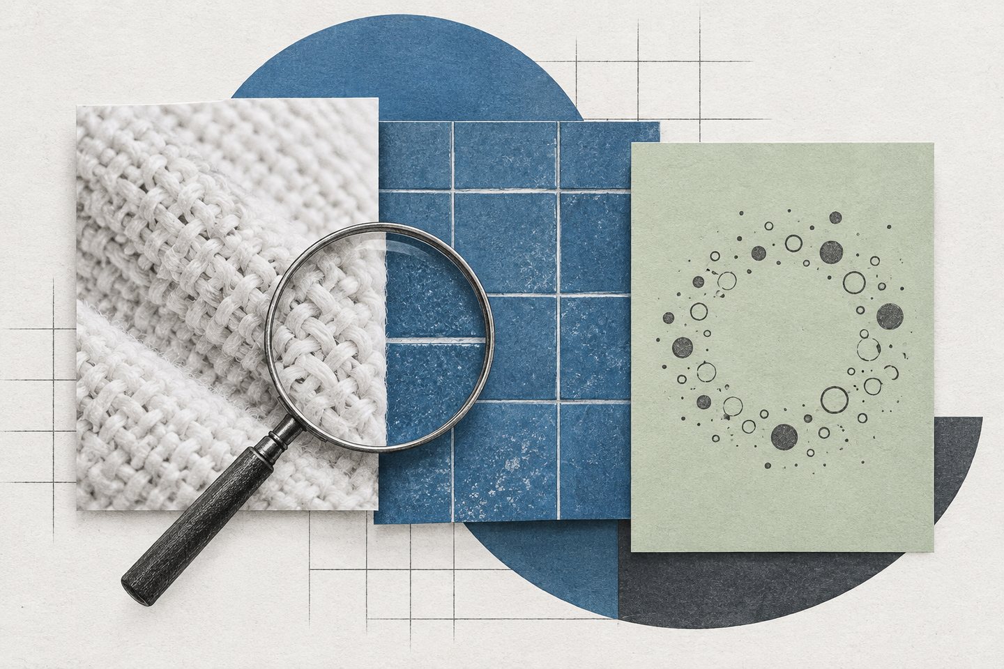 A magnifying glass overlaps cloth, blue tile and an abstract circle pattern in a three-sample editorial collage about cleaning terminology