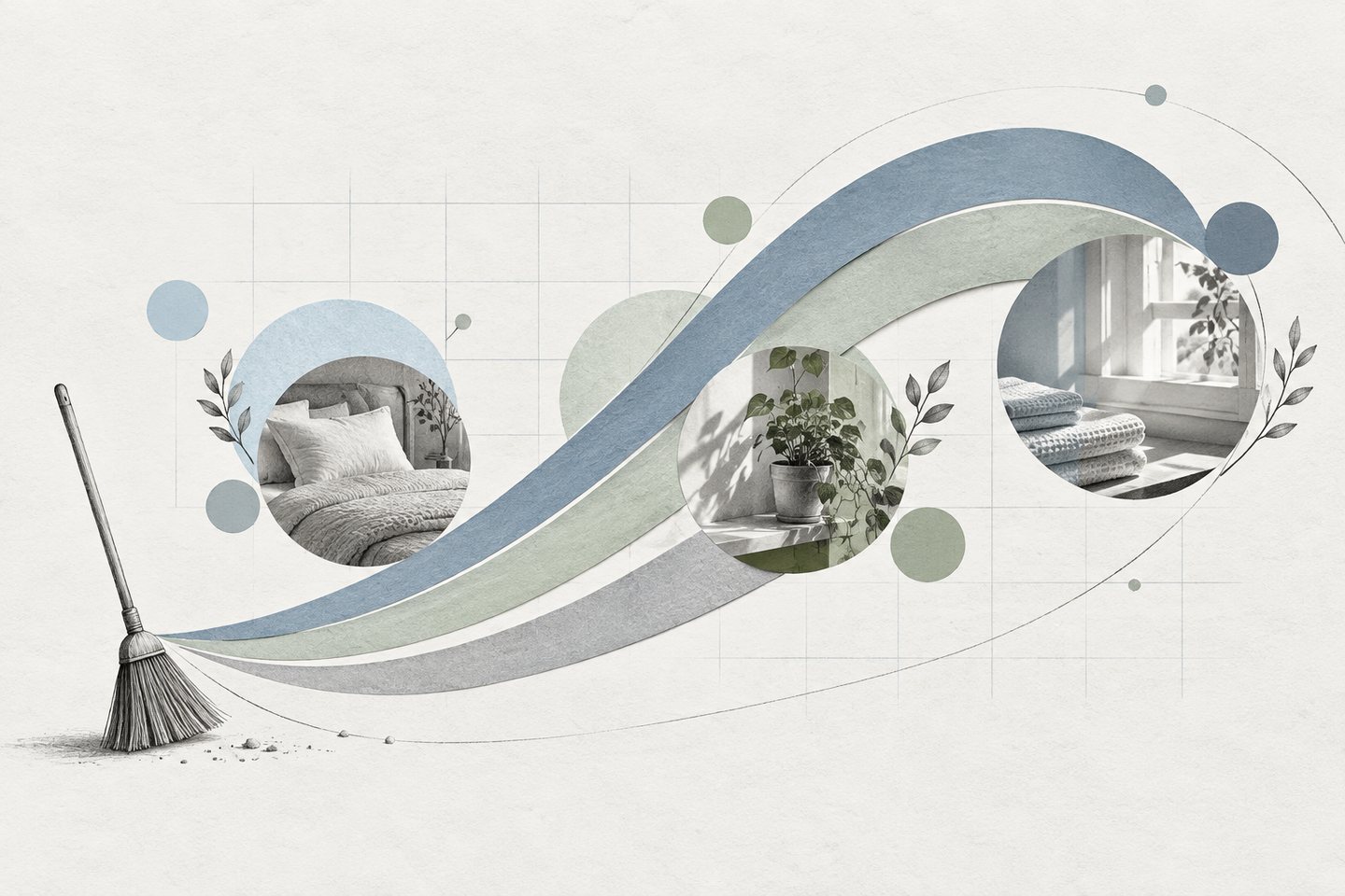 A hand-drawn broom leads three blue and sage paper ribbons past circular home details on a fine grid, suggesting a recurring cleaning rhythm