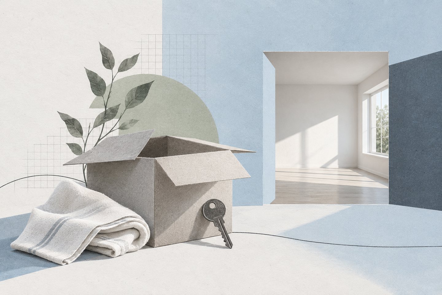 A moving box, key and folded cloth beside an empty room cutout in a blue and gray paper collage