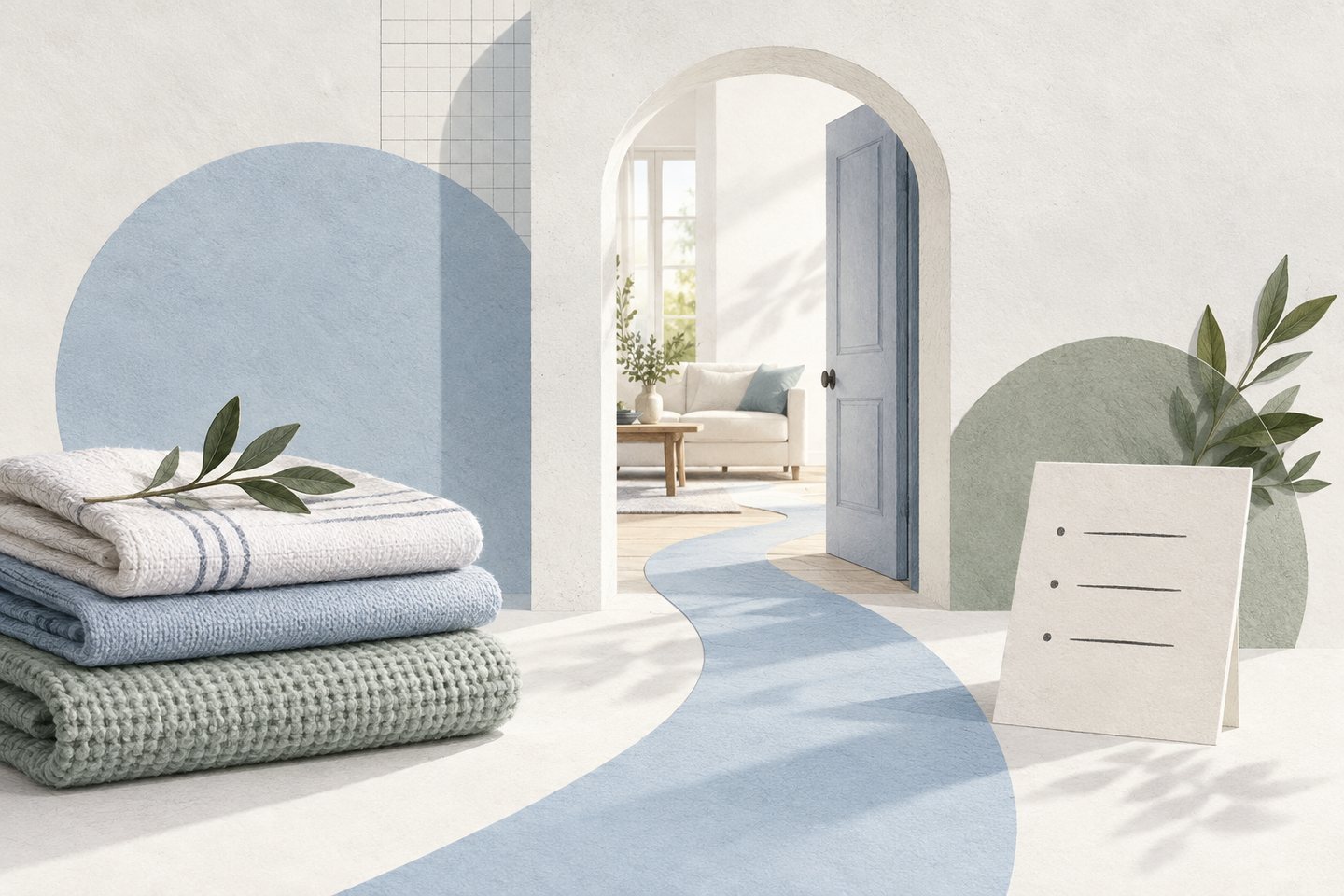 A pale blue path leads through an open doorway between folded textiles and a simple checklist in a paper collage about preparing for a cleaning visit