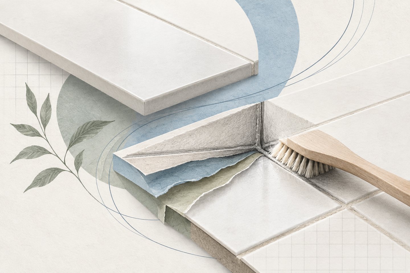 Editorial collage of layered white tile, a small brush and blue sweeping lines revealing the details beneath a surface clean