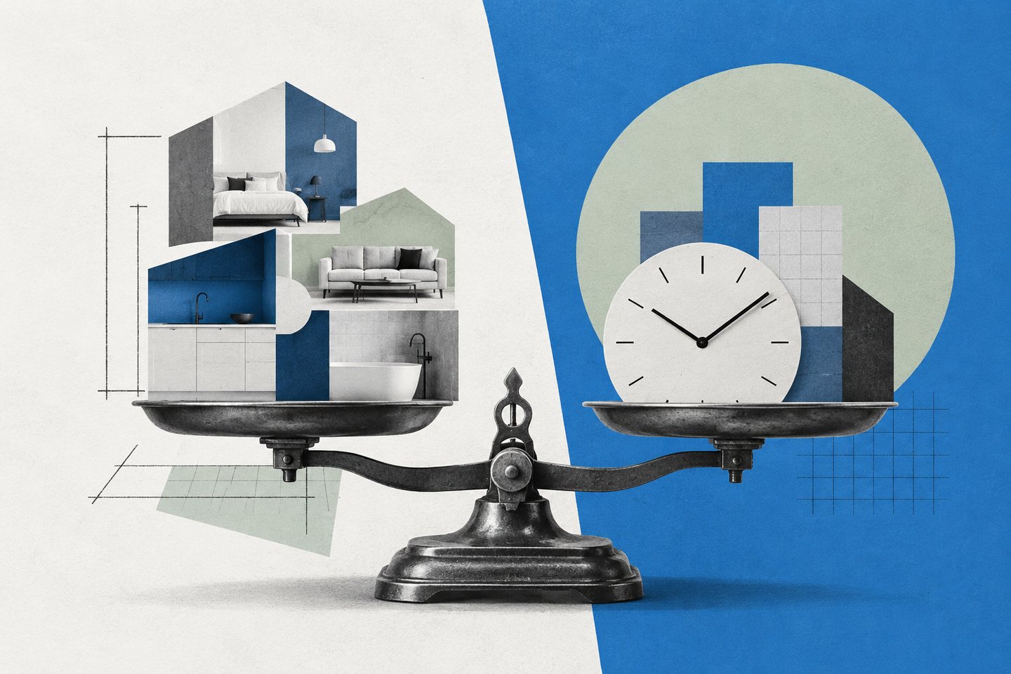 A mechanical balance weighs modular room cutouts against a clock and paper shapes, illustrating home size, time and cleaning scope