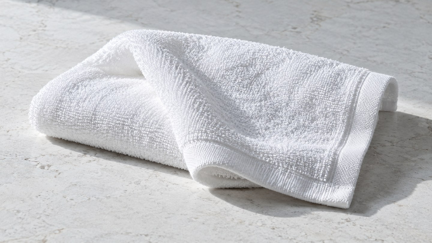 Close detail of crisp white fabric folds and their shadows on pale stone