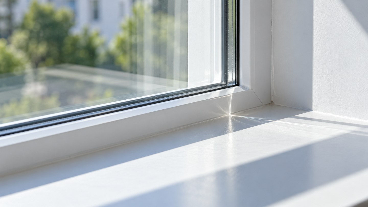 Clear window glass and a white sill casting precise daylight reflections across a clean surface