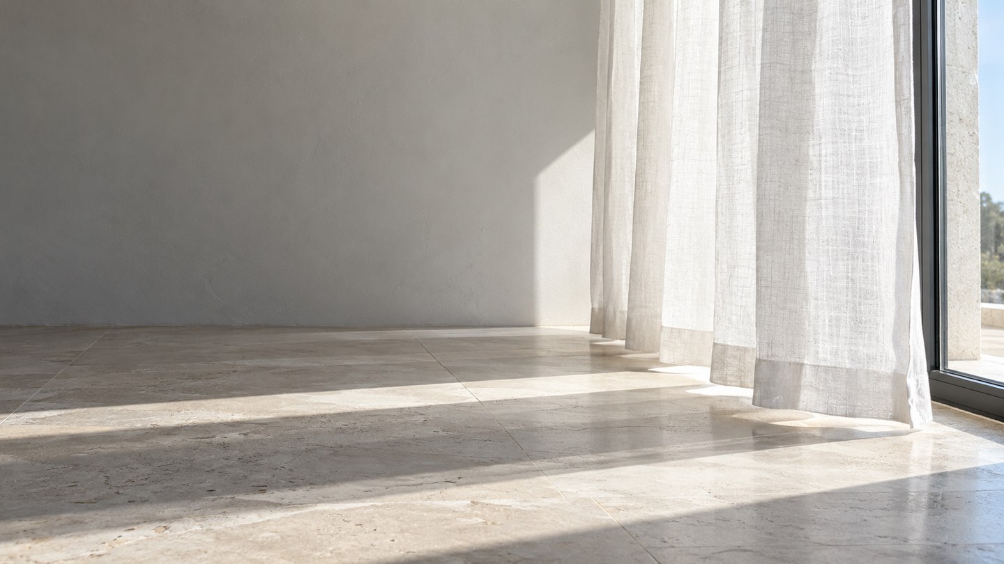 Neutral daylight across a clean pale stone floor beside a crisp white linen curtain